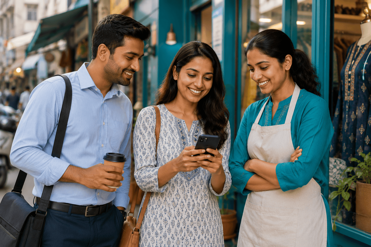 Diverse working Indians in a bright urban setting, one calmly using a smartphone